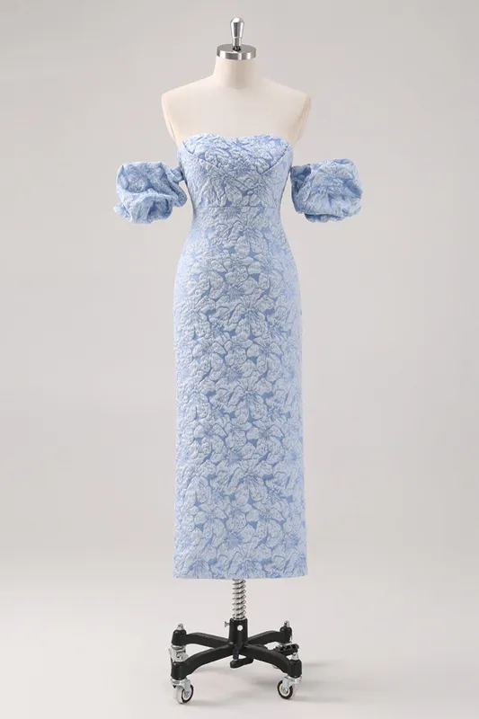 Blue Floral Tea Length Formal Dress with Puff Sleeves sold by Zapaka