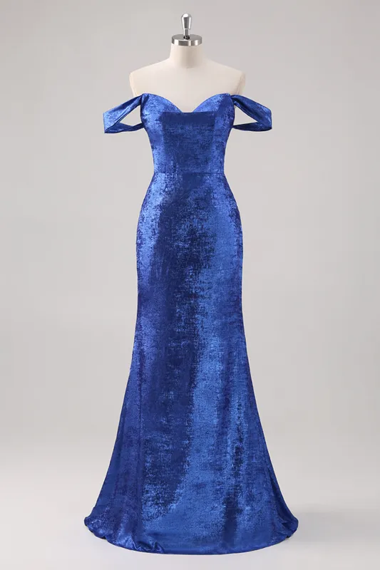 Royal Blue Satin Off The Shoulder Long Formal Dress with Detachable Sleeves sold by Zapaka
