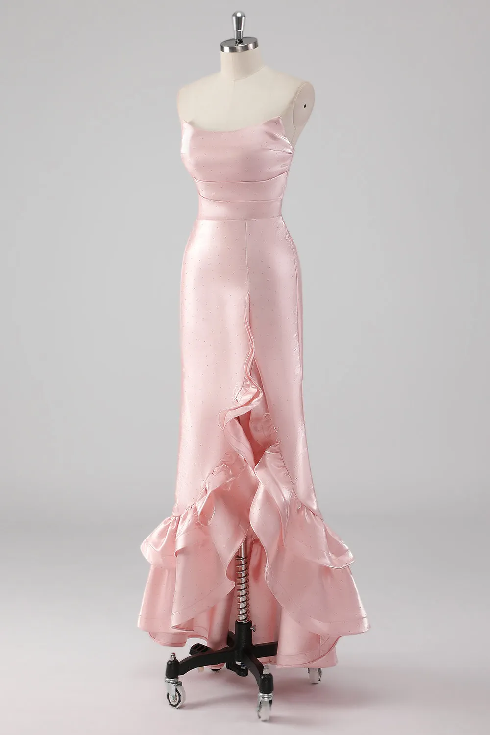 Pink Ruffled Sheath Strapless Satin Long Formal Dress with Slit sold by Zapaka product image thumbnail 3