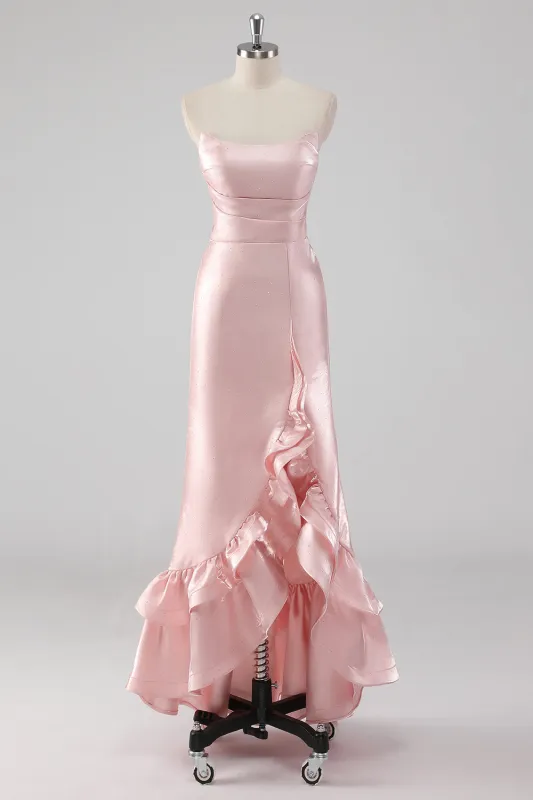 Pink Ruffled Sheath Strapless Satin Long Formal Dress with Slit sold by Zapaka