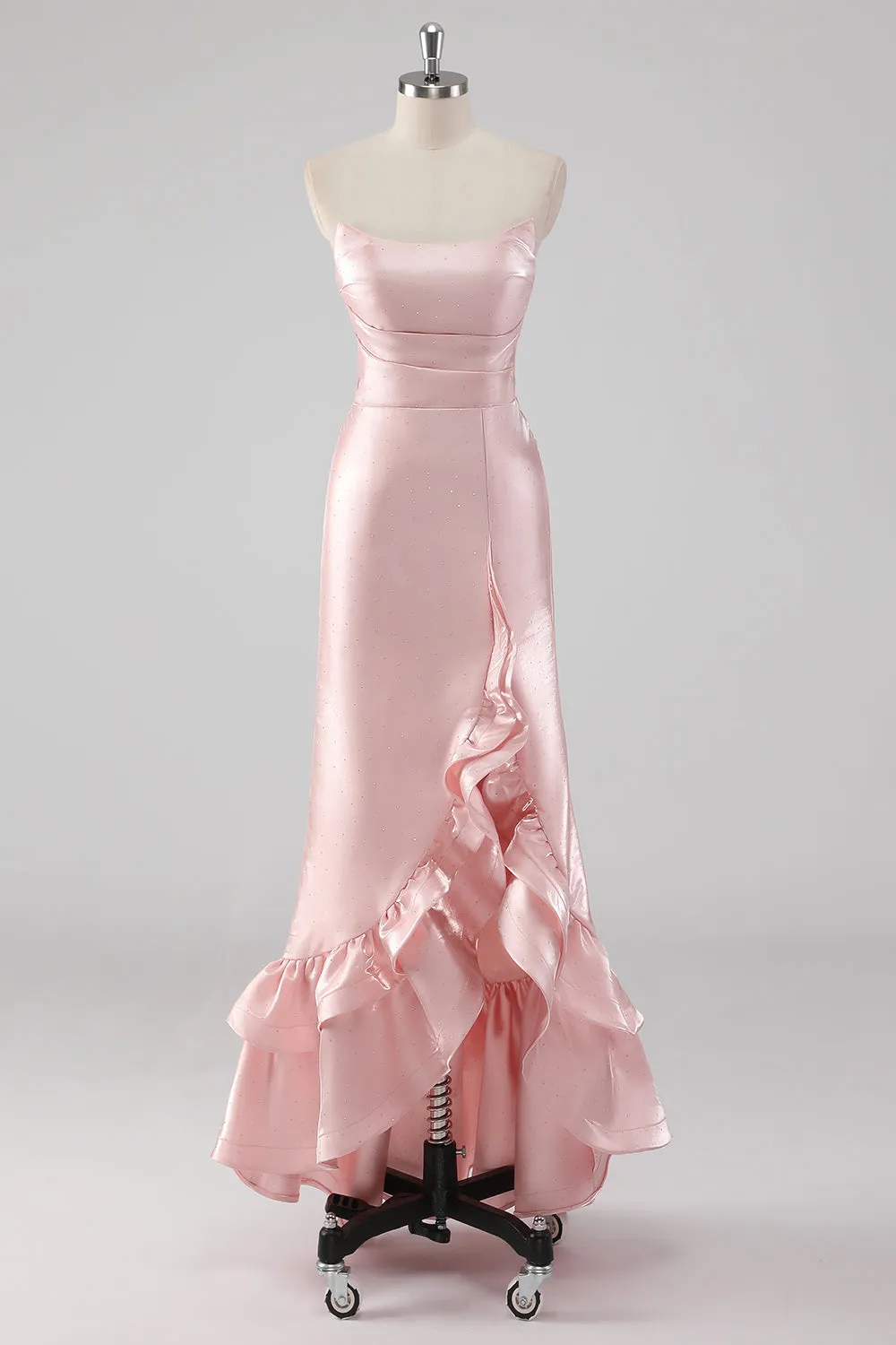 Pink Ruffled Sheath Strapless Satin Long Formal Dress with Slit sold by Zapaka