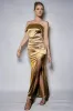Mermaid Golden One Shoulder Ruched Long Formal Dress with Slit sold by Zapaka