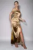 Mermaid Golden One Shoulder Ruched Long Formal Dress with Slit sold by Zapaka