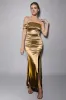 Mermaid Golden One Shoulder Ruched Long Formal Dress with Slit sold by Zapaka
