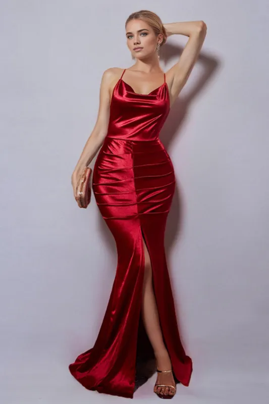 Burgundy Mermaid Halter Ruched Long Formal Dress with Slit sold by Zapaka