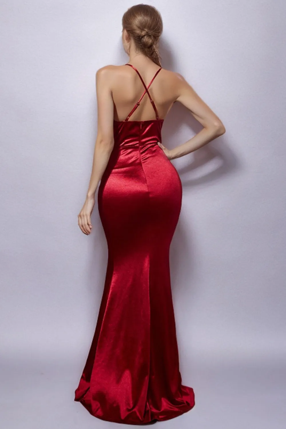 Burgundy Mermaid Halter Ruched Long Formal Dress with Slit sold by Zapaka product image thumbnail 2