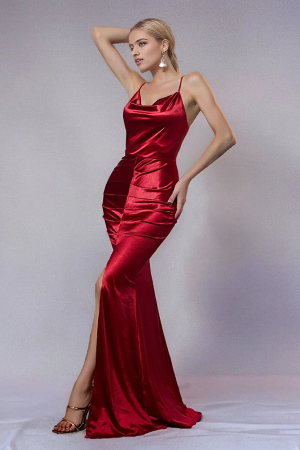 Burgundy Mermaid Halter Ruched Long Formal Dress with Slit sold by Zapaka product image thumbnail 3