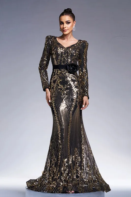 Sparkly Black Golden Long Sleeves Sheath Long Formal Dress with Sequin Embroidery sold by Zapaka