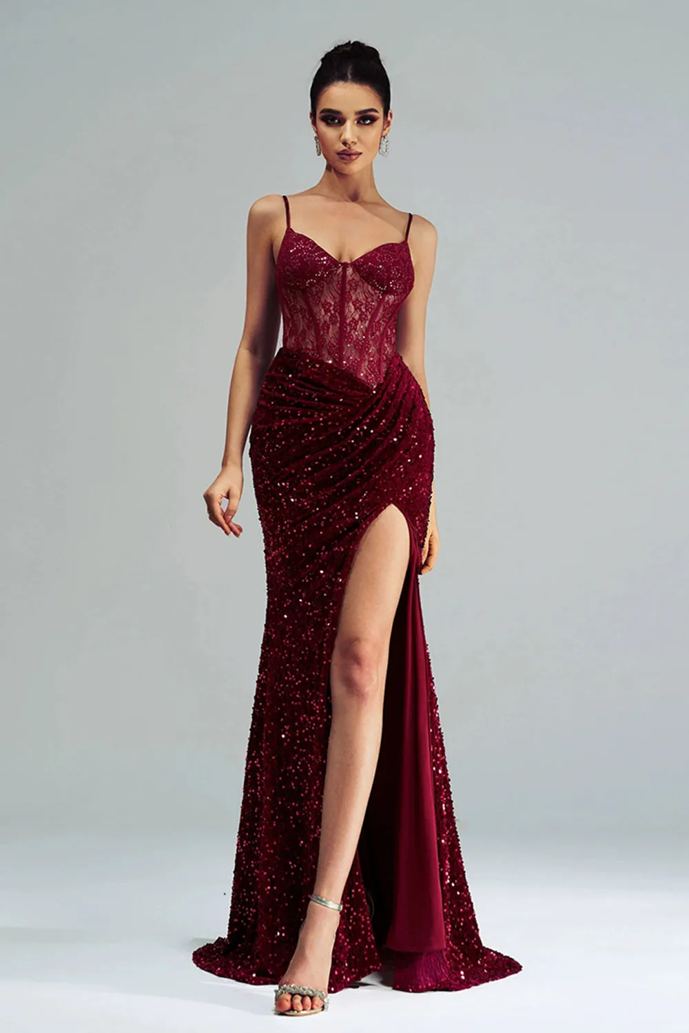 Sparkly Burgundy Mermaid Lace Corset Sequins Long Formal Dress with Slit sold by Zapaka product image thumbnail 3