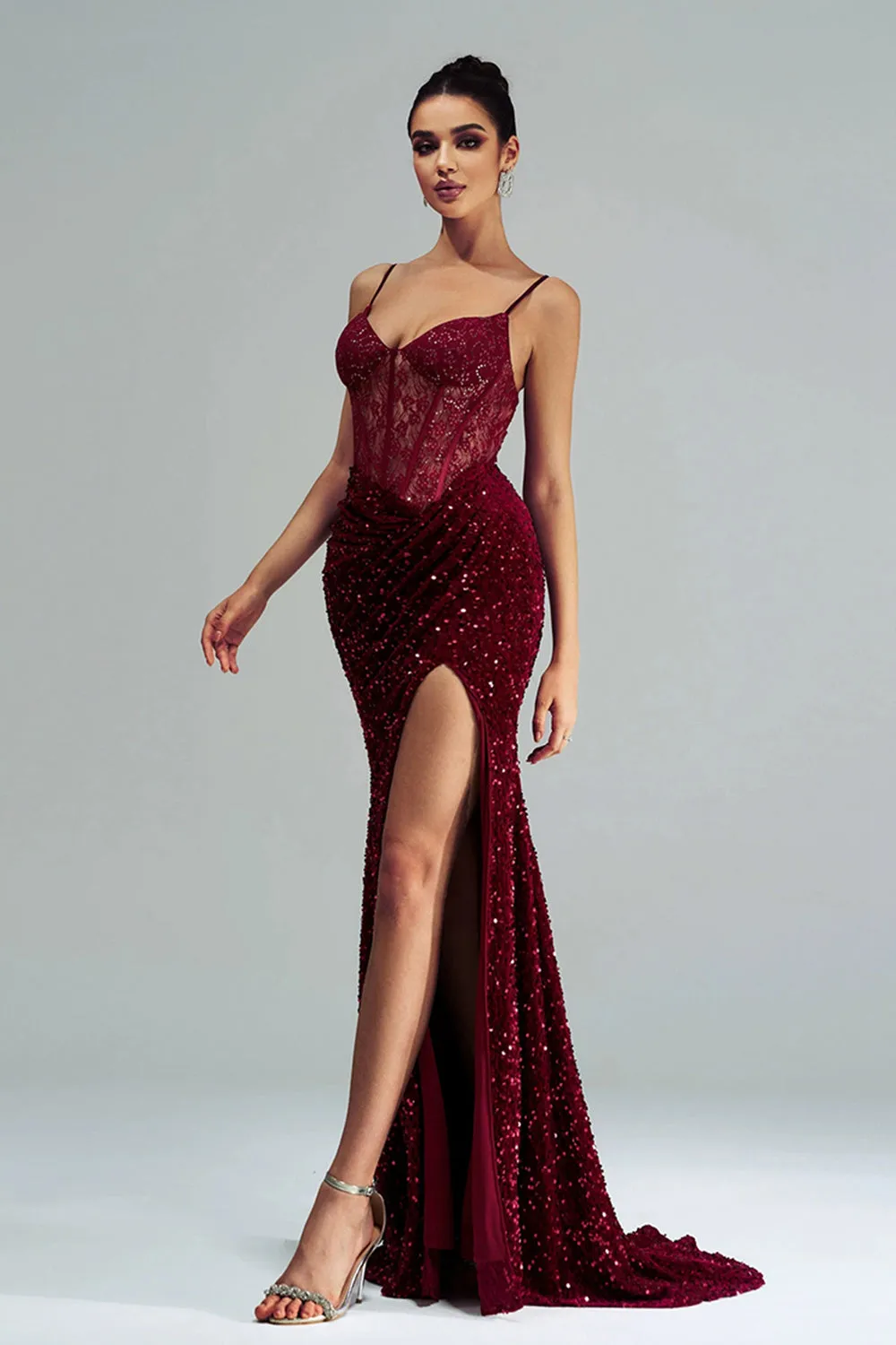 Sparkly Burgundy Mermaid Lace Corset Sequins Long Formal Dress with Slit sold by Zapaka product image thumbnail 4