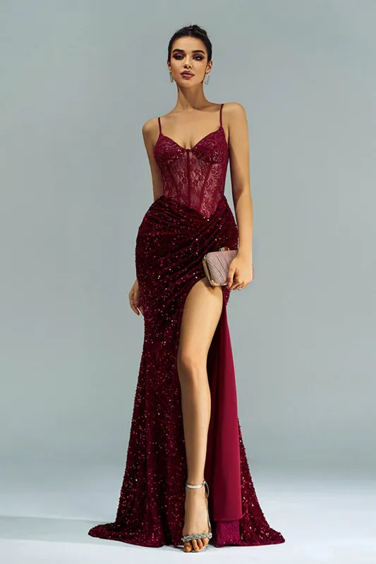 Sparkly Burgundy Mermaid Lace Corset Sequins Long Formal Dress with Slit sold by Zapaka