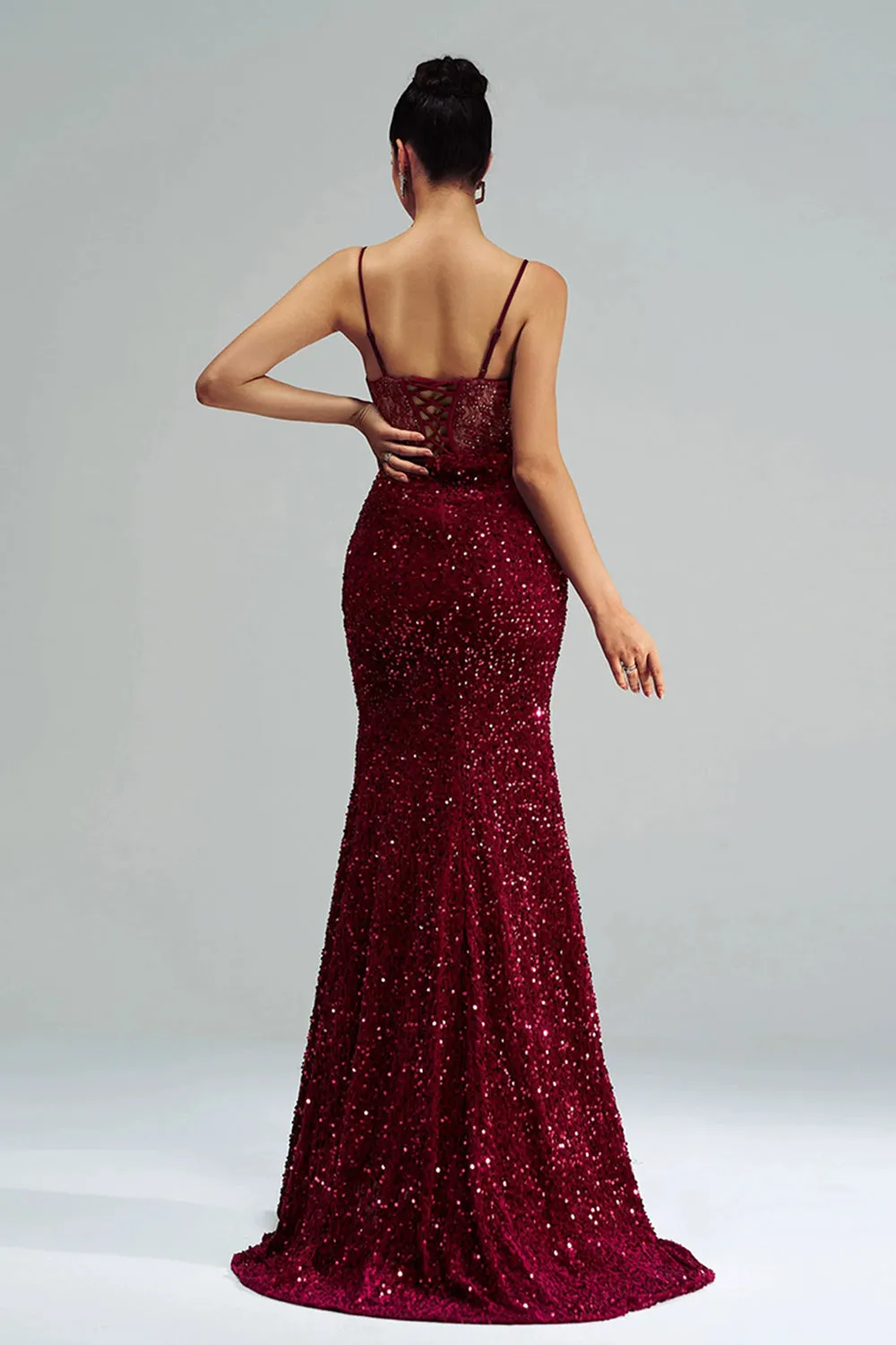 Sparkly Burgundy Mermaid Lace Corset Sequins Long Formal Dress with Slit sold by Zapaka product image thumbnail 2