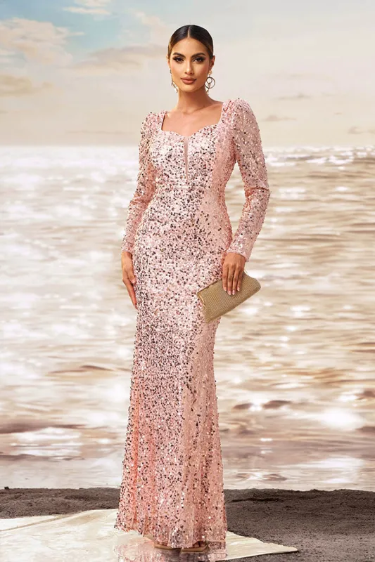 Sparkly Pink Mermaid Square Neck Sequins Long Formal Dress with Long Sleeves sold by Zapaka