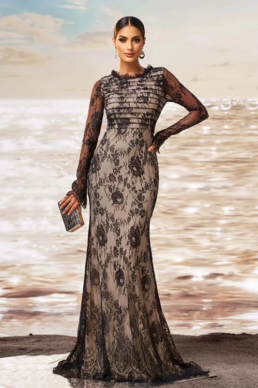 Black Apricot Mermaid Ruffled Neck Long Sleeves Ruched Lace Long Formal Dress sold by Zapaka