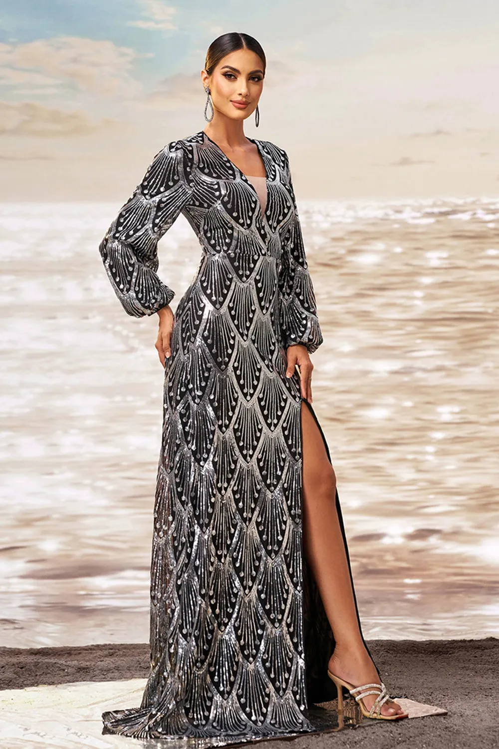 Black Silver Sheath V Neck Long Sleeves Long Formal Dress with Slit sold by Zapaka product image thumbnail 4