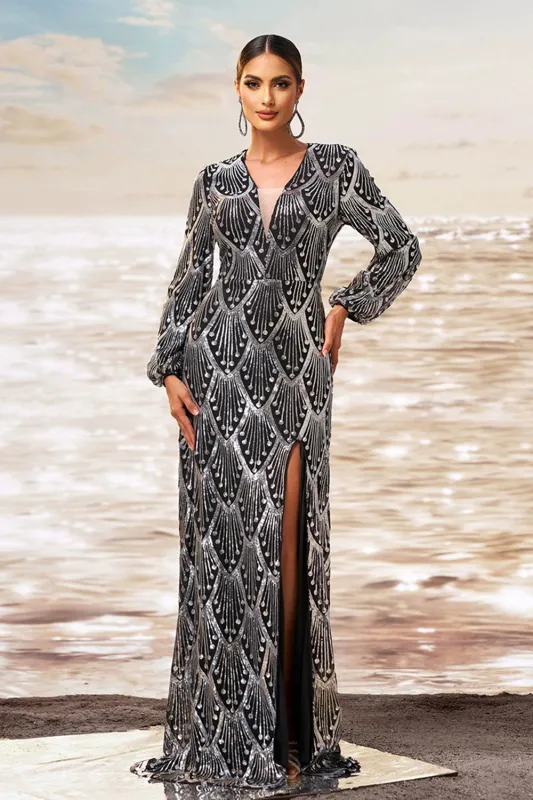Black Silver Sheath V Neck Long Sleeves Long Formal Dress with Slit sold by Zapaka