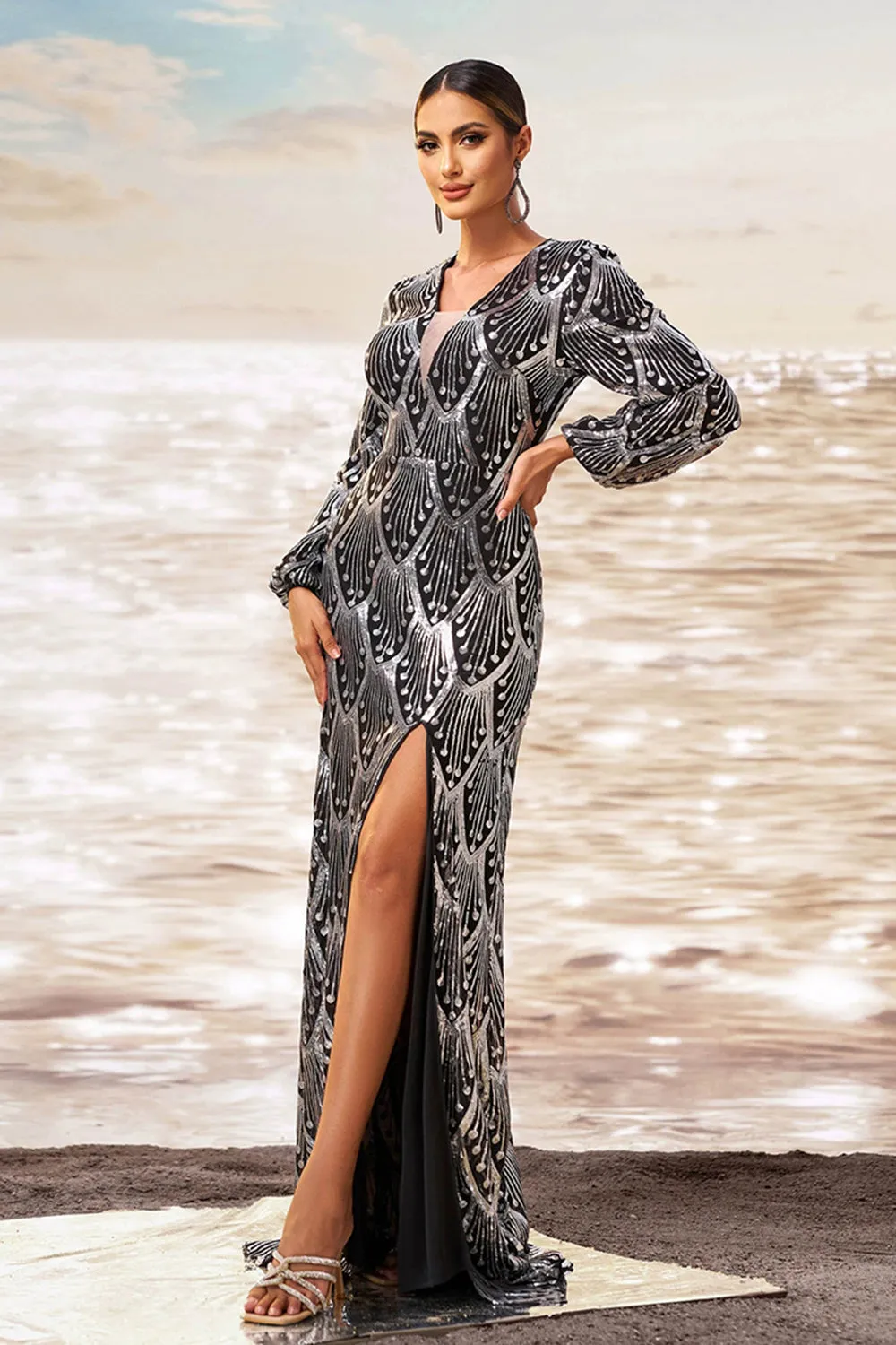 Black Silver Sheath V Neck Long Sleeves Long Formal Dress with Slit sold by Zapaka product image thumbnail 5