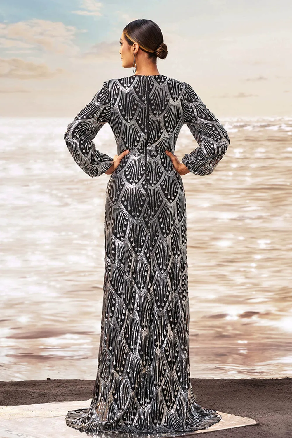 Black Silver Sheath V Neck Long Sleeves Long Formal Dress with Slit sold by Zapaka product image thumbnail 2
