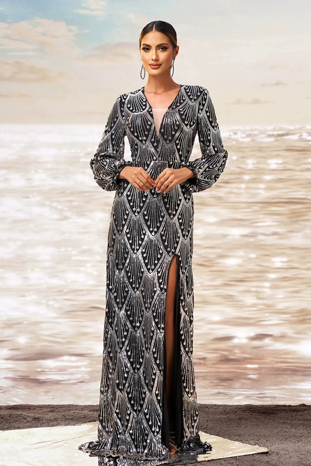 Black Silver Sheath V Neck Long Sleeves Long Formal Dress with Slit sold by Zapaka product image thumbnail 3