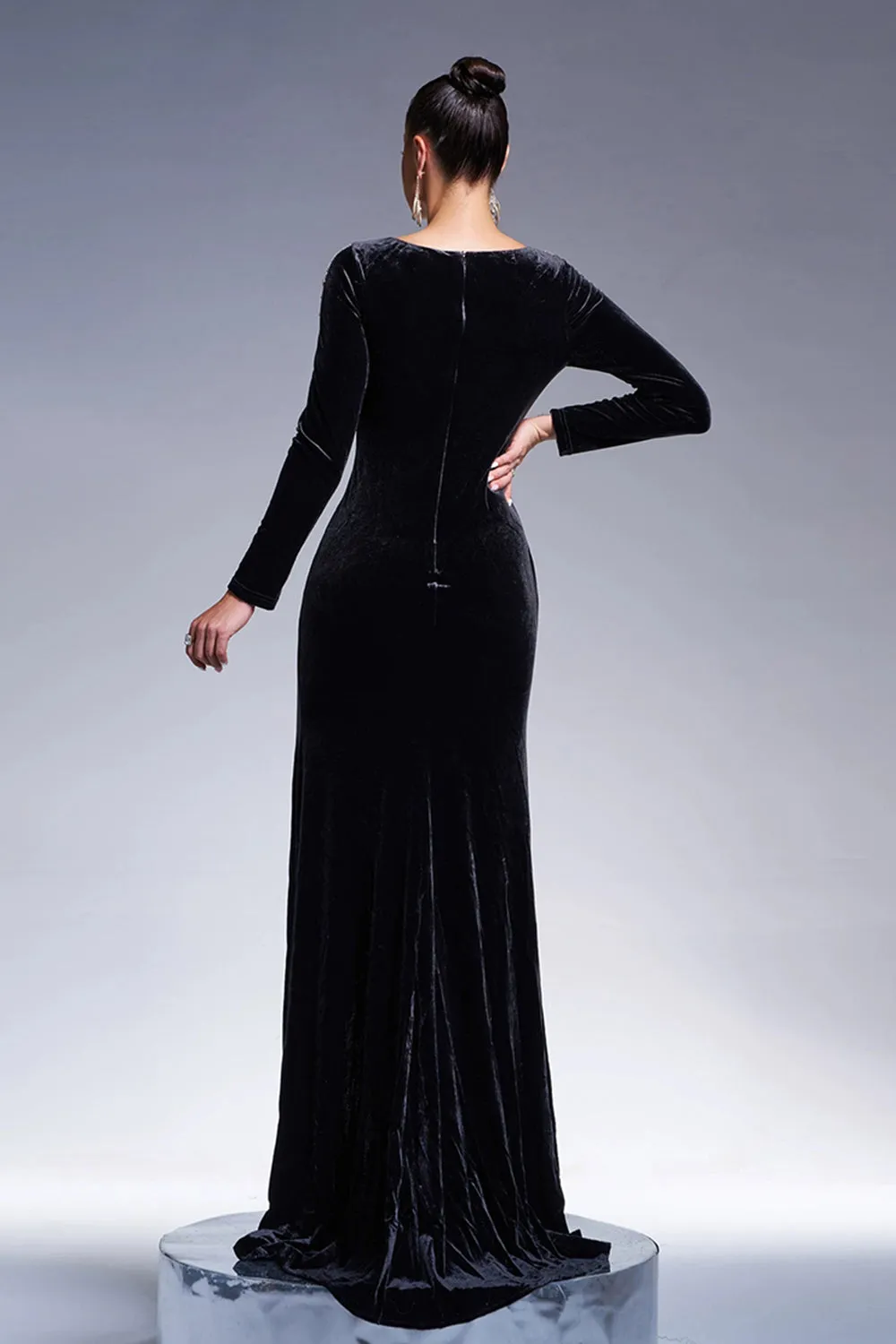 Black Mermaid V Neck Long Sleeves Tassels Velvet Long Formal Dress with Slit sold by Zapaka product image thumbnail 2