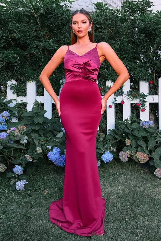 Burgundy Mermaid Spaghetti Straps Ruched Long Formal Dress sold by Zapaka
