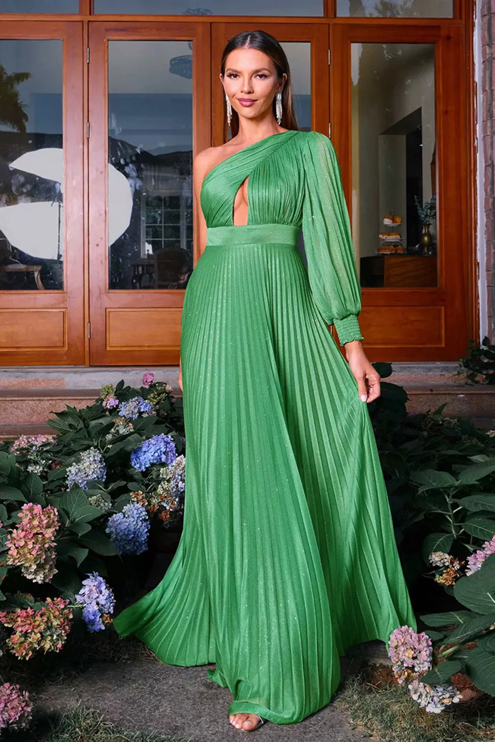Green A-Line One Shoulder Long Sleeve Pleating Long Formal Dress sold by Zapaka product image thumbnail 4