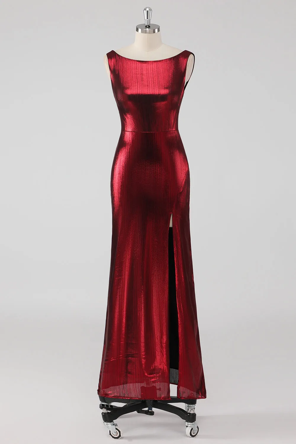 Burgundy Satin Round Neck Sheath Formal Dress with Slit sold by Zapaka