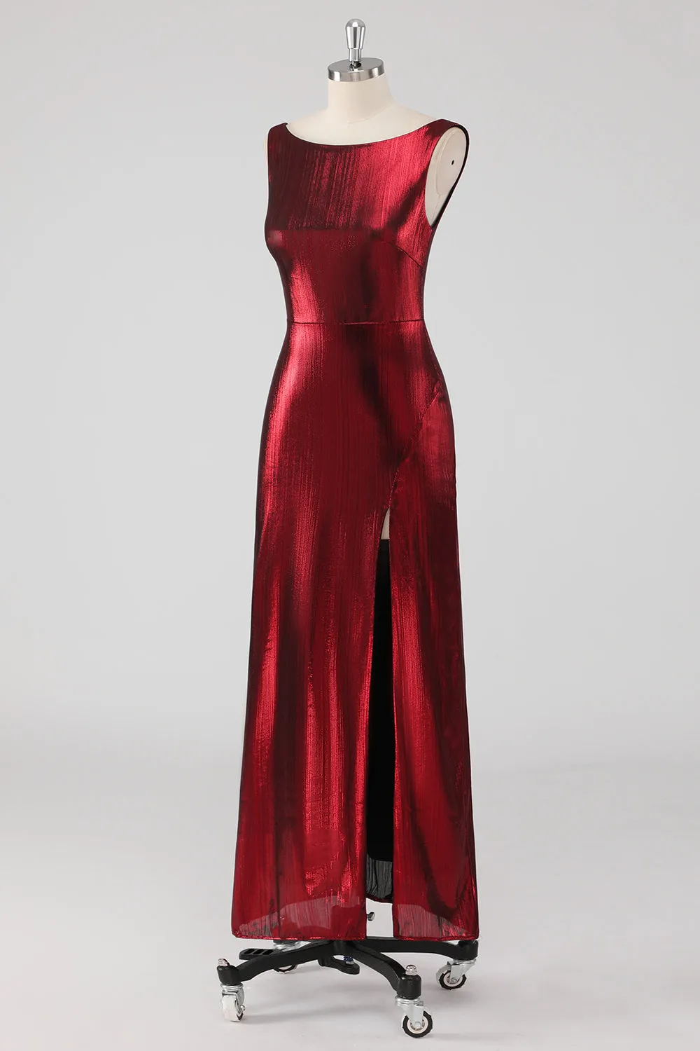 Burgundy Satin Round Neck Sheath Formal Dress with Slit sold by Zapaka product image thumbnail 3