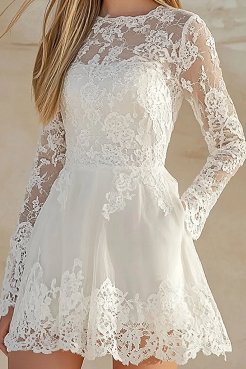 Lace Scoop Neck White A Line Long Sleeves Graduation Dress sold by Zapaka product image thumbnail 2