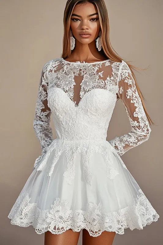 White Boat Neck Lace Appliques A Line Long Sleeves Short Graduation Dress sold by Zapaka
