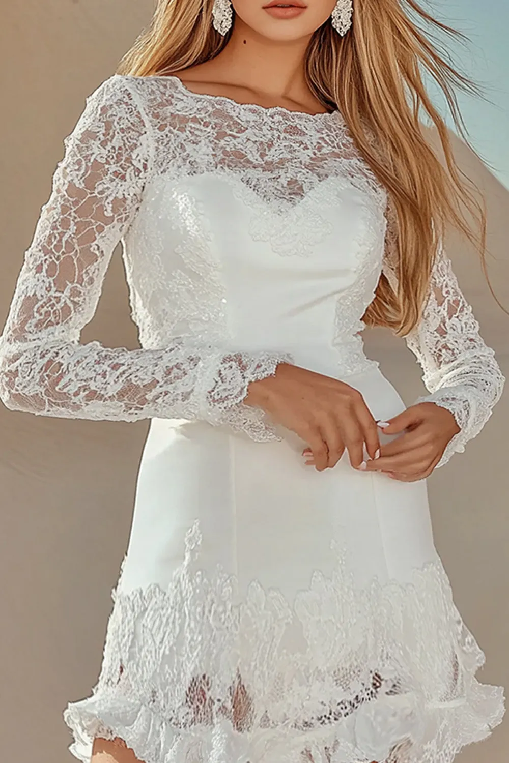 White Lace Appliques Boat Neck Long Sleeves Short Graduation Dress sold by Zapaka product image thumbnail 2