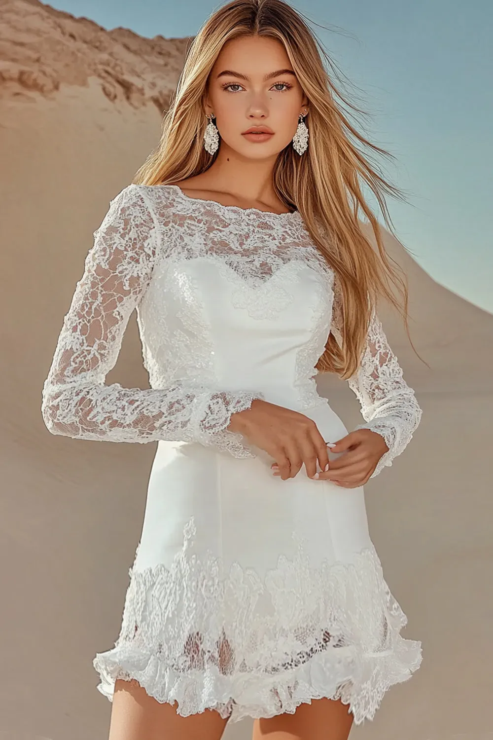 White Lace Appliques Boat Neck Long Sleeves Short Graduation Dress sold by Zapaka