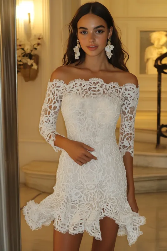 Off the Shoulder White Lace A Line Long Sleeves Graduation Dress sold by Zapaka