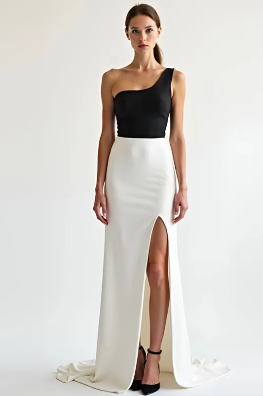 Black White Sheath One Shoulder Wedding Guest Dress with Slit sold by Zapaka