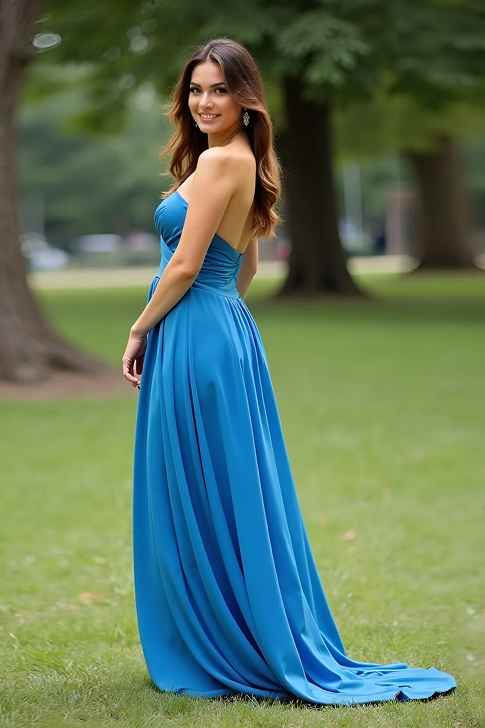 Dark Blue A Line Strapless Pleated Wedding Guest Dress sold by Zapaka product image thumbnail 2
