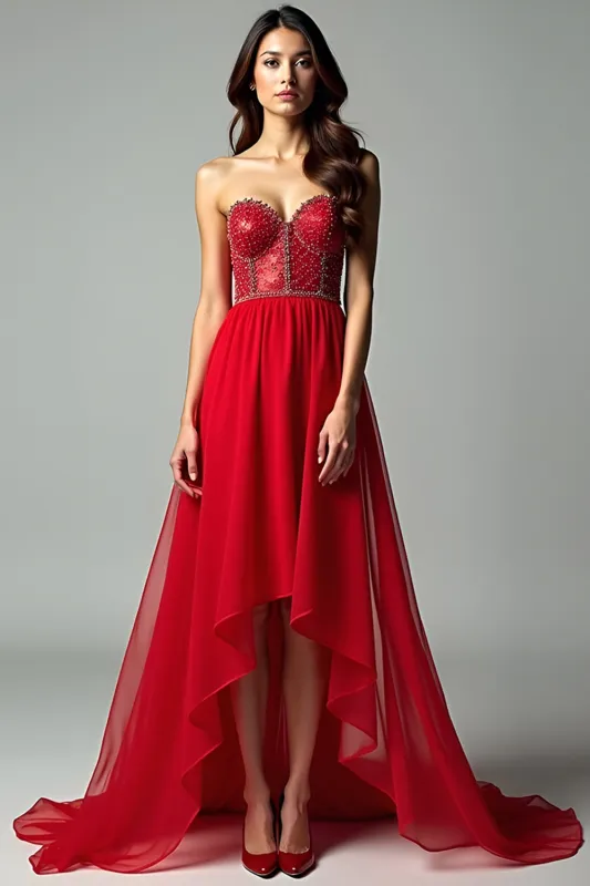 A Line Red Corset Strapless Beaded Long Wedding Guest Dress sold by Zapaka