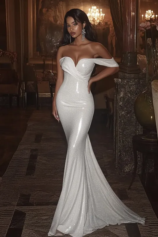 Ivory Off the Shoulder Tight Mermaid Wedding Dress sold by Zapaka