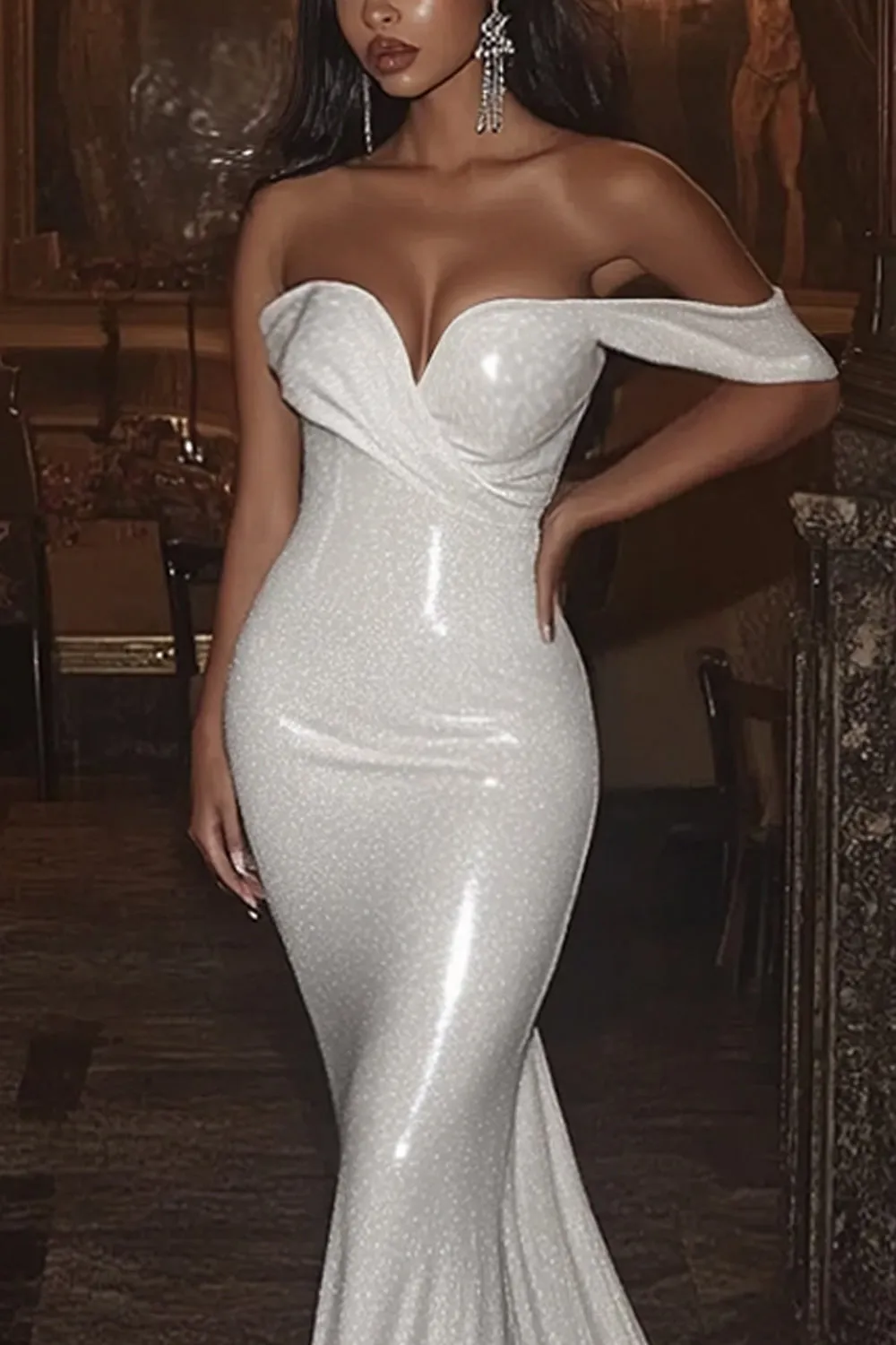 Ivory Off the Shoulder Tight Mermaid Wedding Dress sold by Zapaka product image thumbnail 2