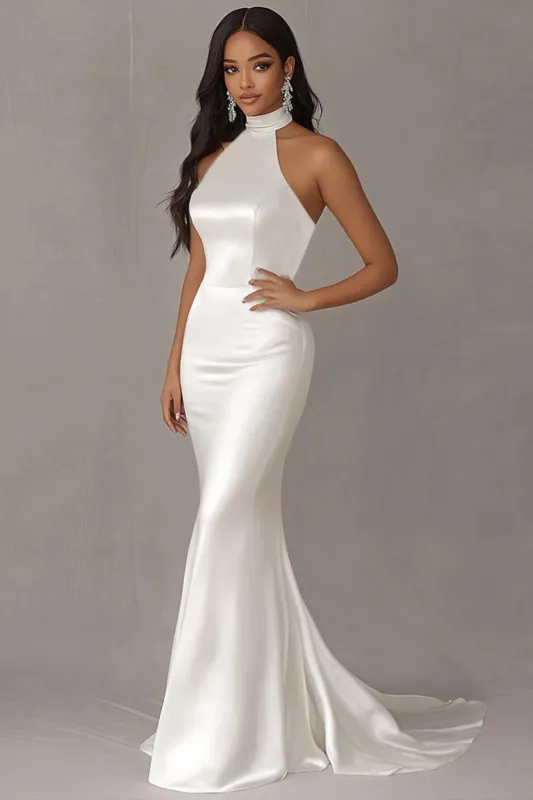 Halter Mermaid Stretch Satin Ivory Wedding Dress sold by Zapaka
