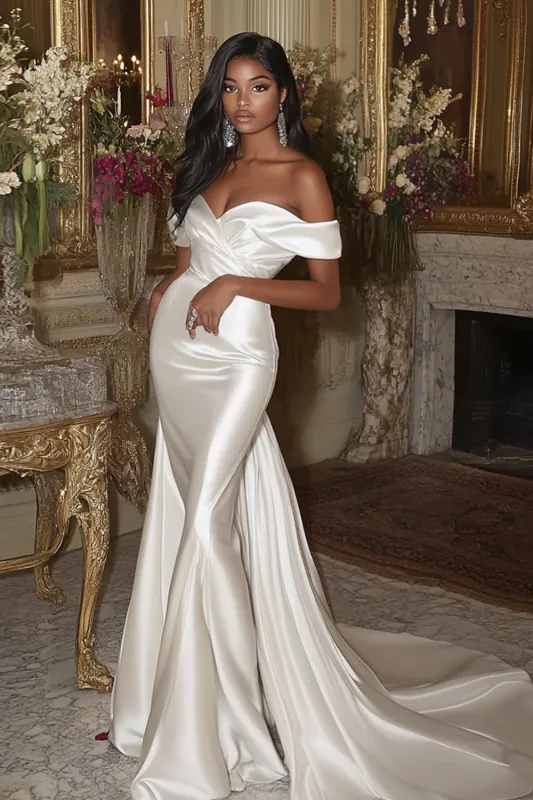 Off the Shoulder White Satin Pleated Mermaid Long Wedding Dress sold by Zapaka