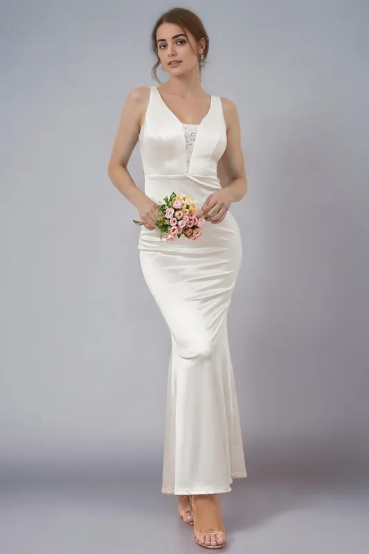 Simple Spaghetti Straps White Mermaid Long Wedding Dress sold by Zapaka