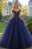 Navy Tulle Ball Gown Strapless Off the Shoulder Quinceanera Dress sold by Zapaka
