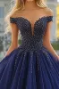 Navy Tulle Ball Gown Strapless Off the Shoulder Quinceanera Dress sold by Zapaka