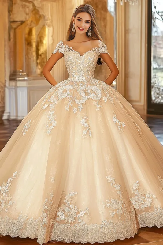 Champagne Ball Gown Organza Appliqued Quinceanera Dress With Cap Sleeves sold by Zapaka