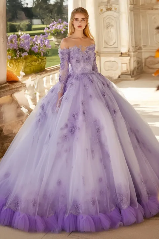 3D Flower Long Sleeves Off The Shoulder Lilac Ball Gown Quinceanera Dress sold by Zapaka