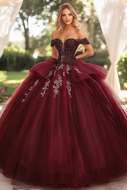 Ball Gown Strapless Burgundy Off The Shoulder Quinceanera Dress sold by Zapaka