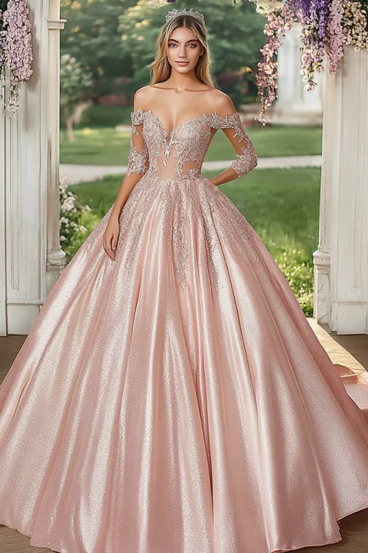 Off The Shoulder Blush Half Sleeves Satin Ball Gown Quinceanera Dress sold by Zapaka