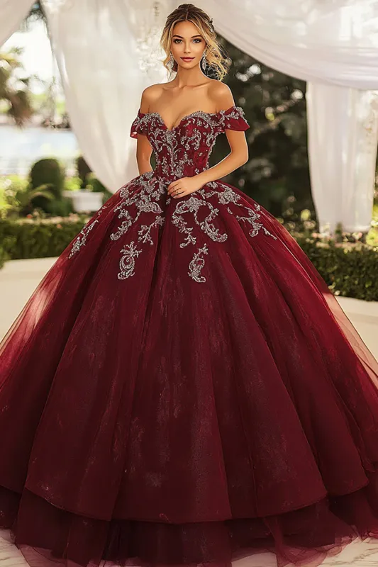 Burgundy Ball Gown Off the Shoulder Appliqued Quinceanera Dress sold by Zapaka