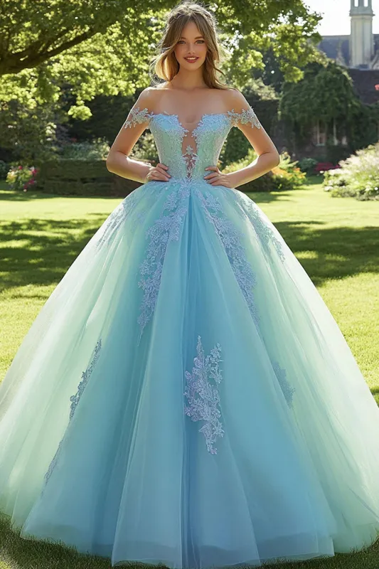 Off the Shoulder Mint Appliqued Ball Gown Tulle Quinceanera Dress sold by Zapaka
