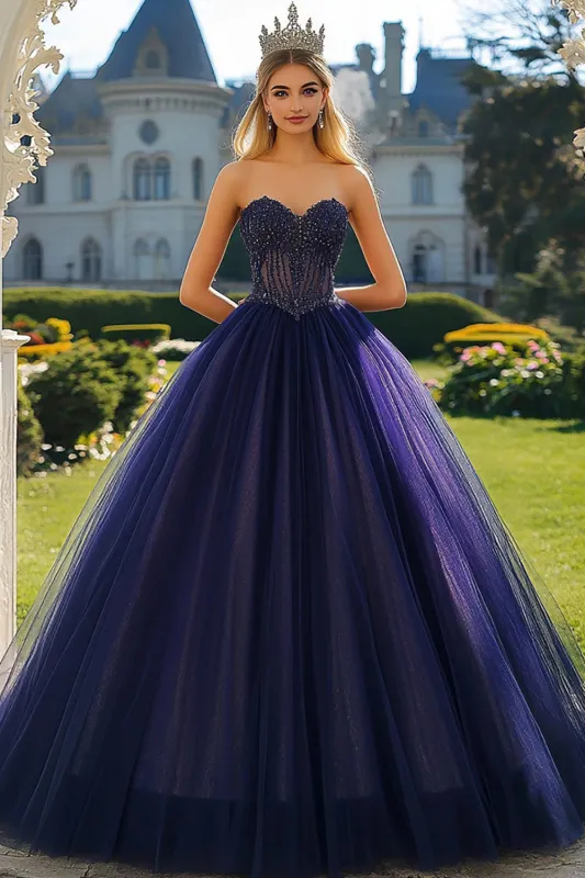 Navy Sweetheart Strapless Ball Gown Tulle Quinceanera Dress sold by Zapaka